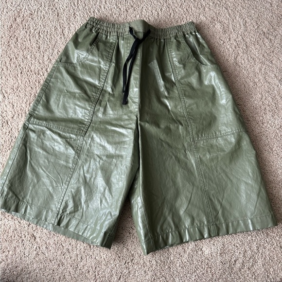 Rachel Comey- Olive Green Waxed Linsley Long Length Drawstring Shorts - Picture 3 of 10